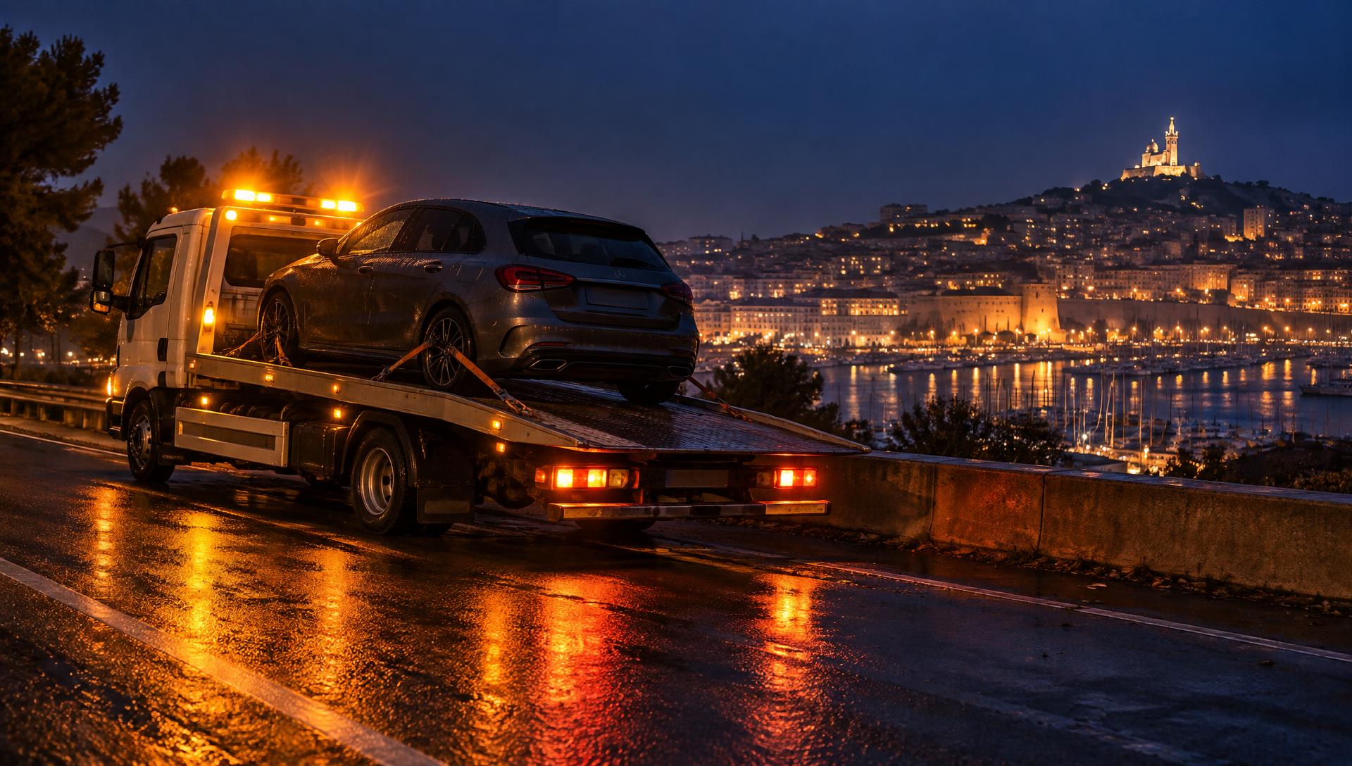 Dépanneuse plateau chargée d'une voiture à Marseille